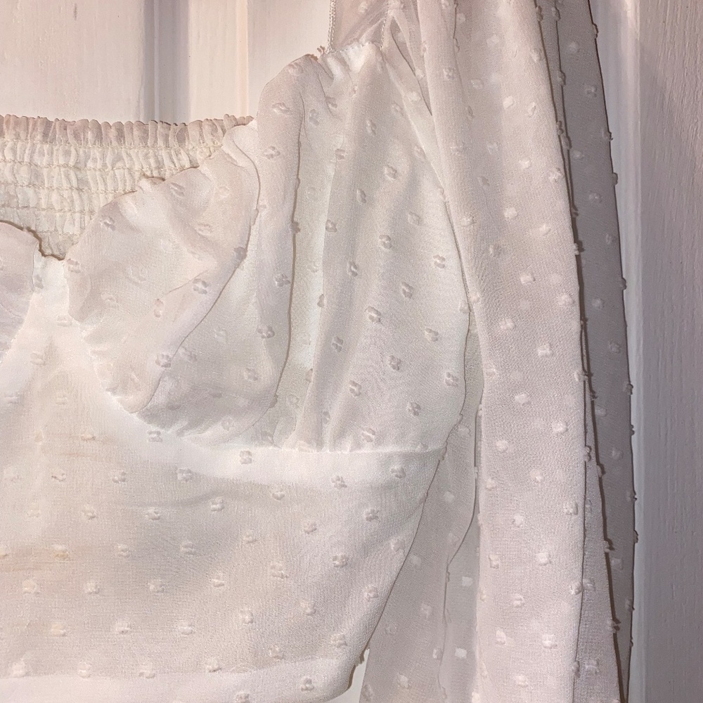 Flowy Sleeve White Polka Dot Sweetheart Neckline Embroidery Top Crop Girly Small - Picture 3 of 4